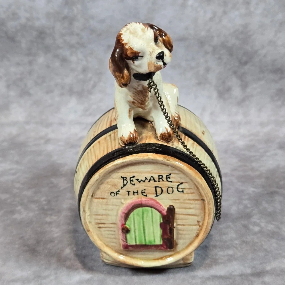 Vintage Piggy Bank Beware of Dog Doghouse‎ Barrel Ceramic